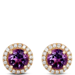 Amethyst Earrings Halo Diamond Setting, 14K Yellow Gold
