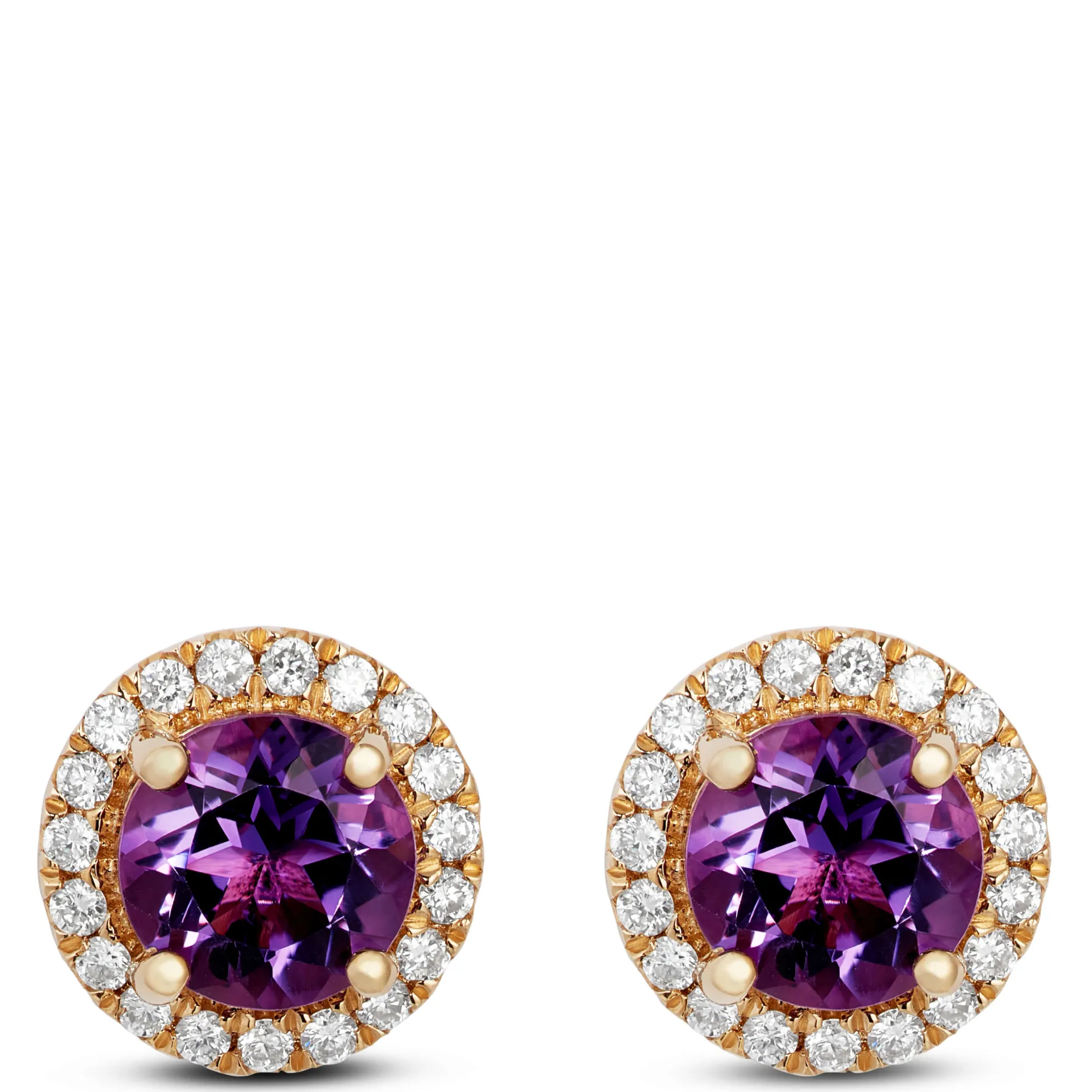 Amethyst Earrings Halo Diamond Setting, 14K Yellow Gold