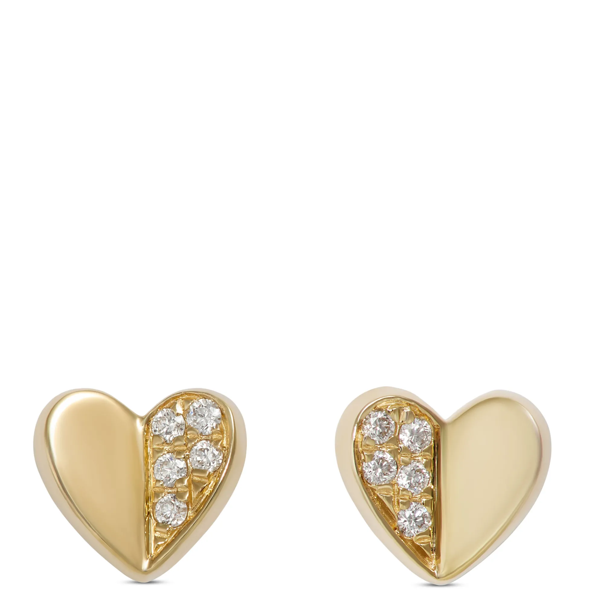 Baby Heart Diamond Studs, 14K Yellow Gold