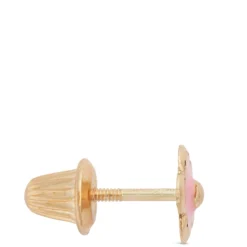 Baby Pink Enamel Flower Screwback Earrings, 14K Yellow Gold