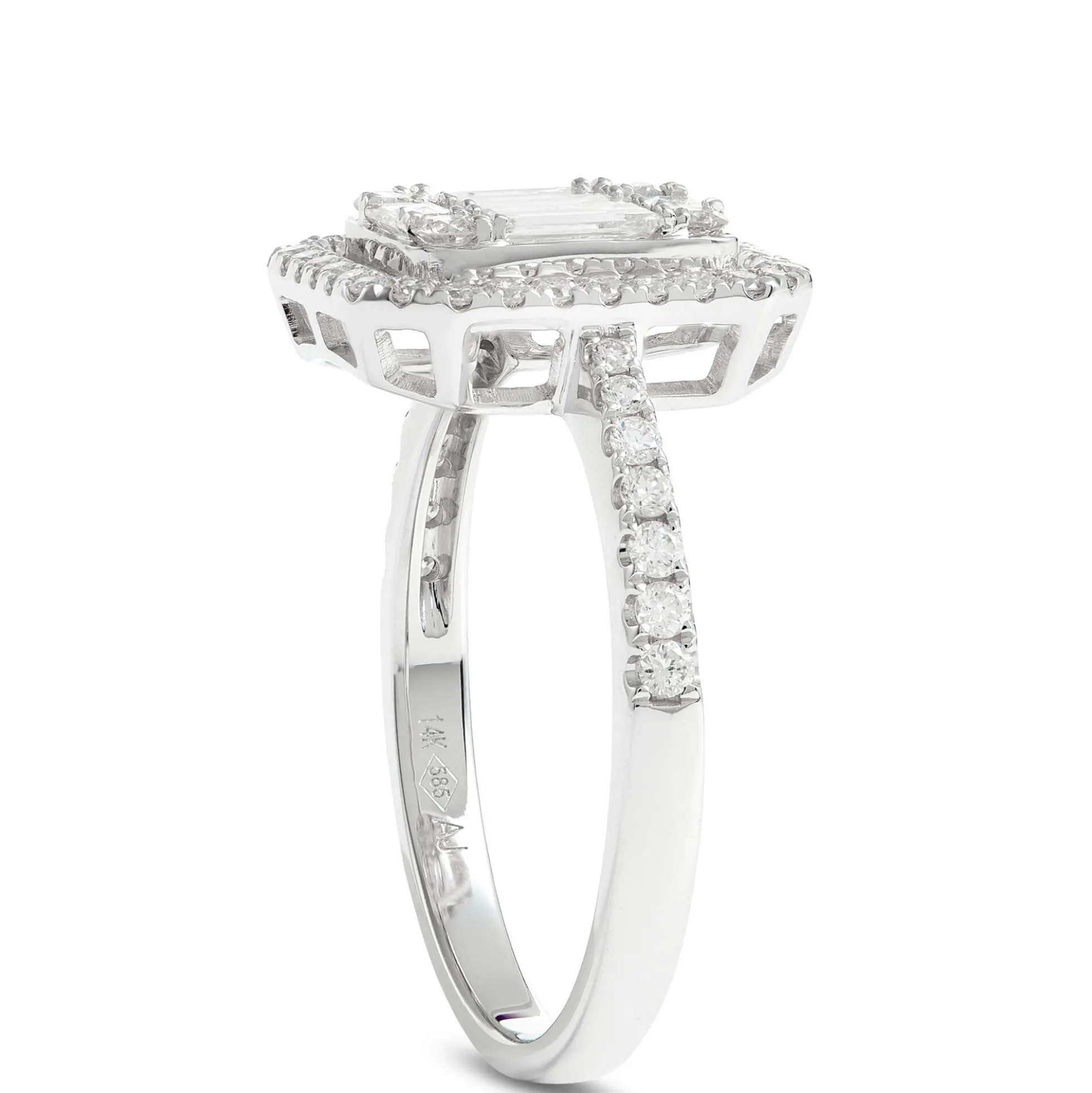Baguette and Round Cut Halo Diamond Engagement Ring, 14K White Gold