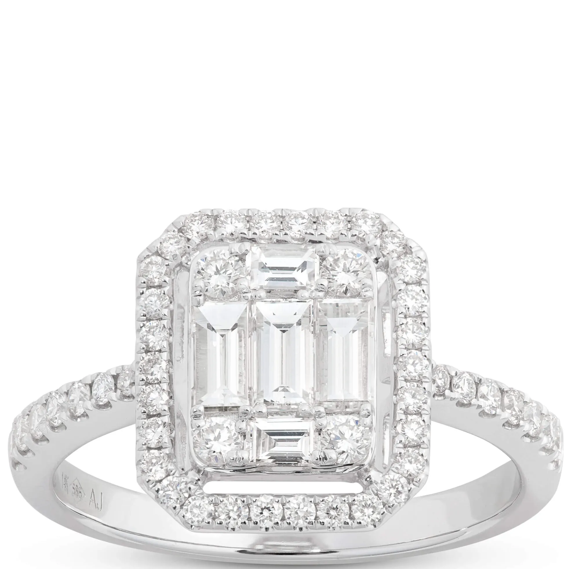Baguette and Round Cut Halo Diamond Engagement Ring, 14K White Gold