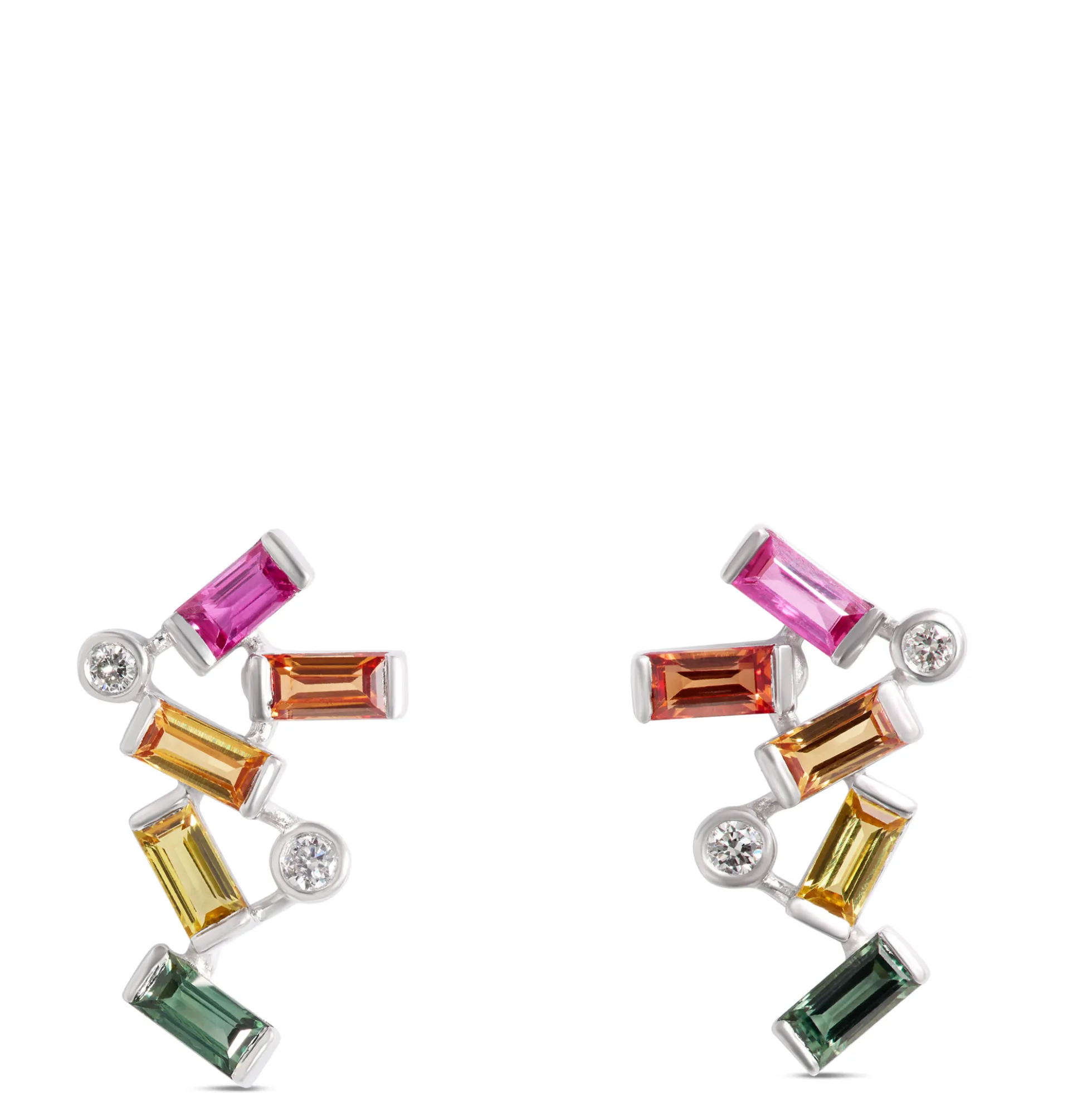 Baguette Rainbow Sapphire Earrings, 14k White Gold