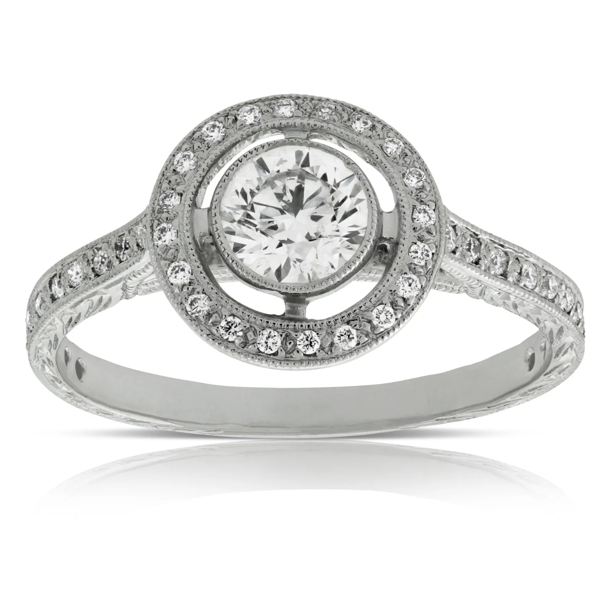 Bezel Set Halo Diamond Engagement Ring 14K