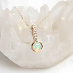 Bezel Set Opal & Diamond Necklace 14K