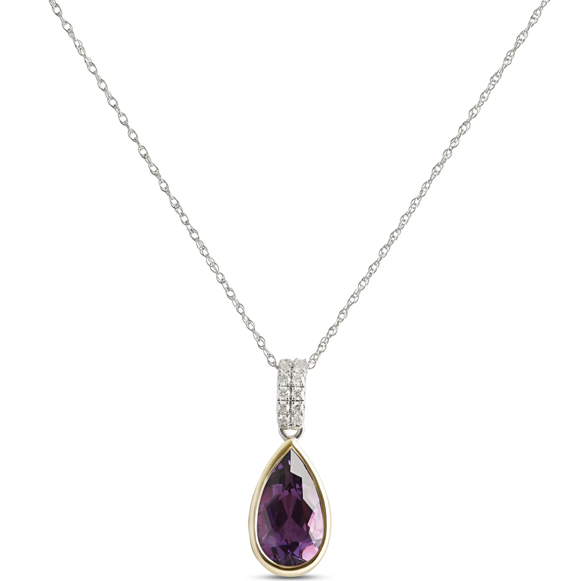 Bezel Set Pear Shaped Amethyst Pendant, 14K White and Yellow Gold