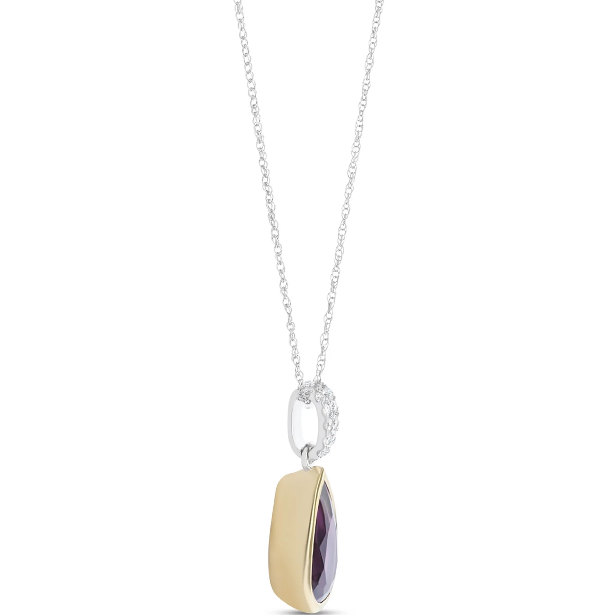 Bezel Set Pear Shaped Amethyst Pendant, 14K White and Yellow Gold