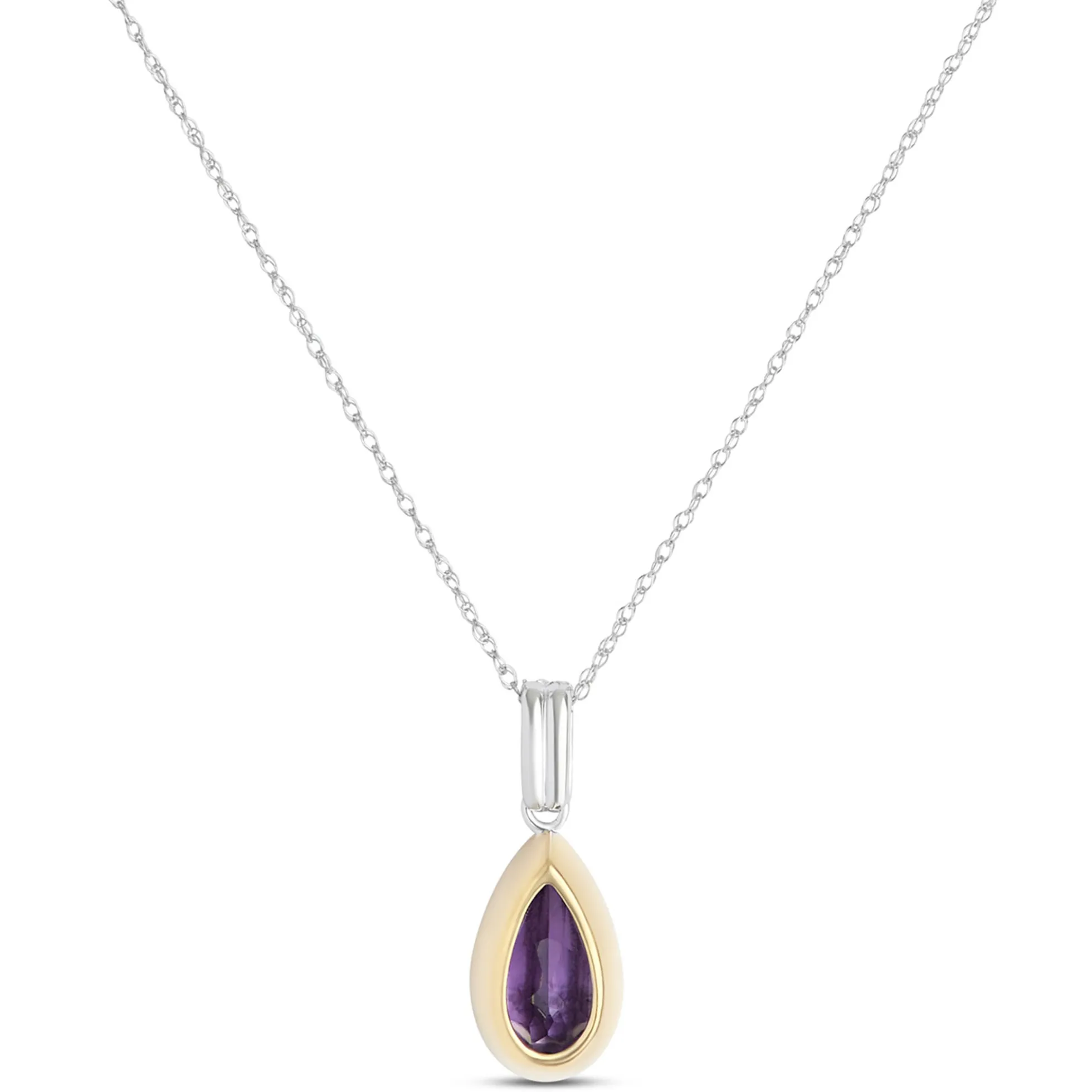 Bezel Set Pear Shaped Amethyst Pendant, 14K White and Yellow Gold