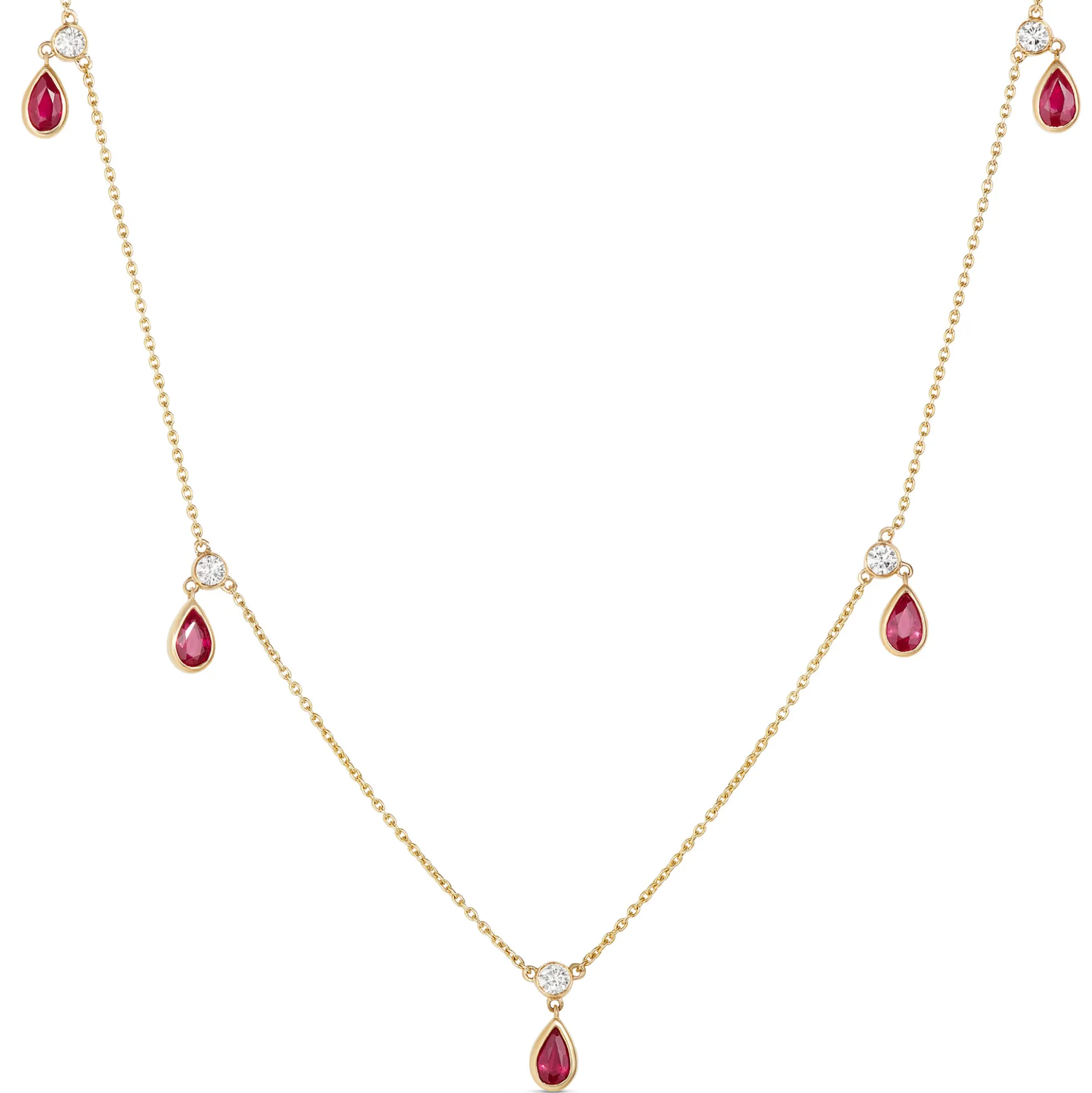 Bezel Set Pear Shaped Ruby Drops Necklace, 14K Yellow Gold