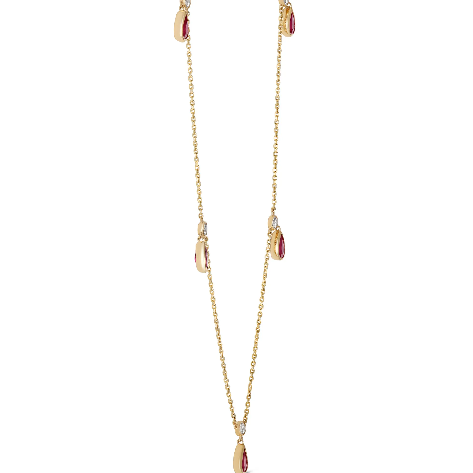 Bezel Set Pear Shaped Ruby Drops Necklace, 14K Yellow Gold