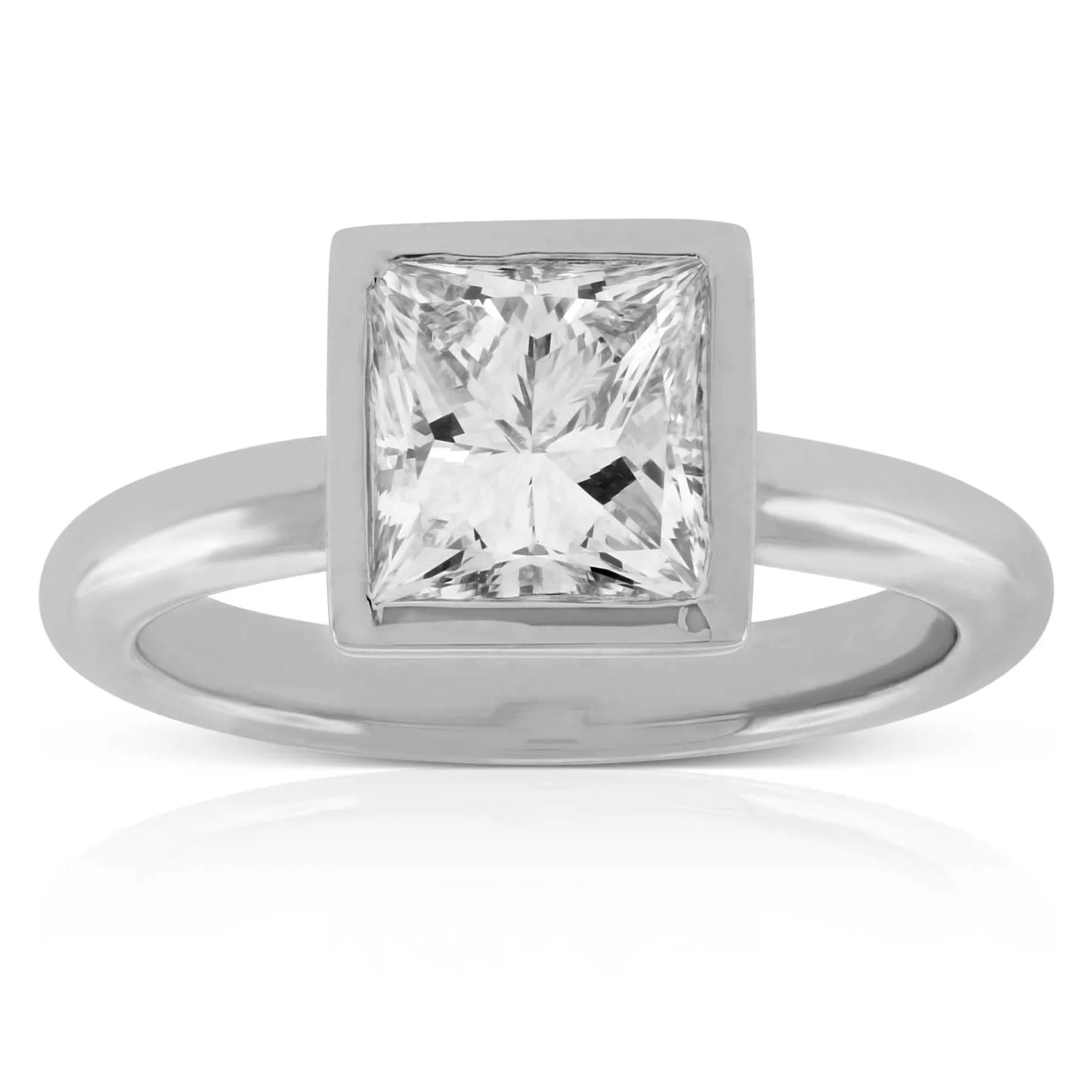 Bezel Set Princess Cut Diamond Ring in Platinum, 2.14 ct. Center