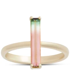 Bi-Colored Emerald Cut Tourmaline Ring, 14K Yellow Gold
