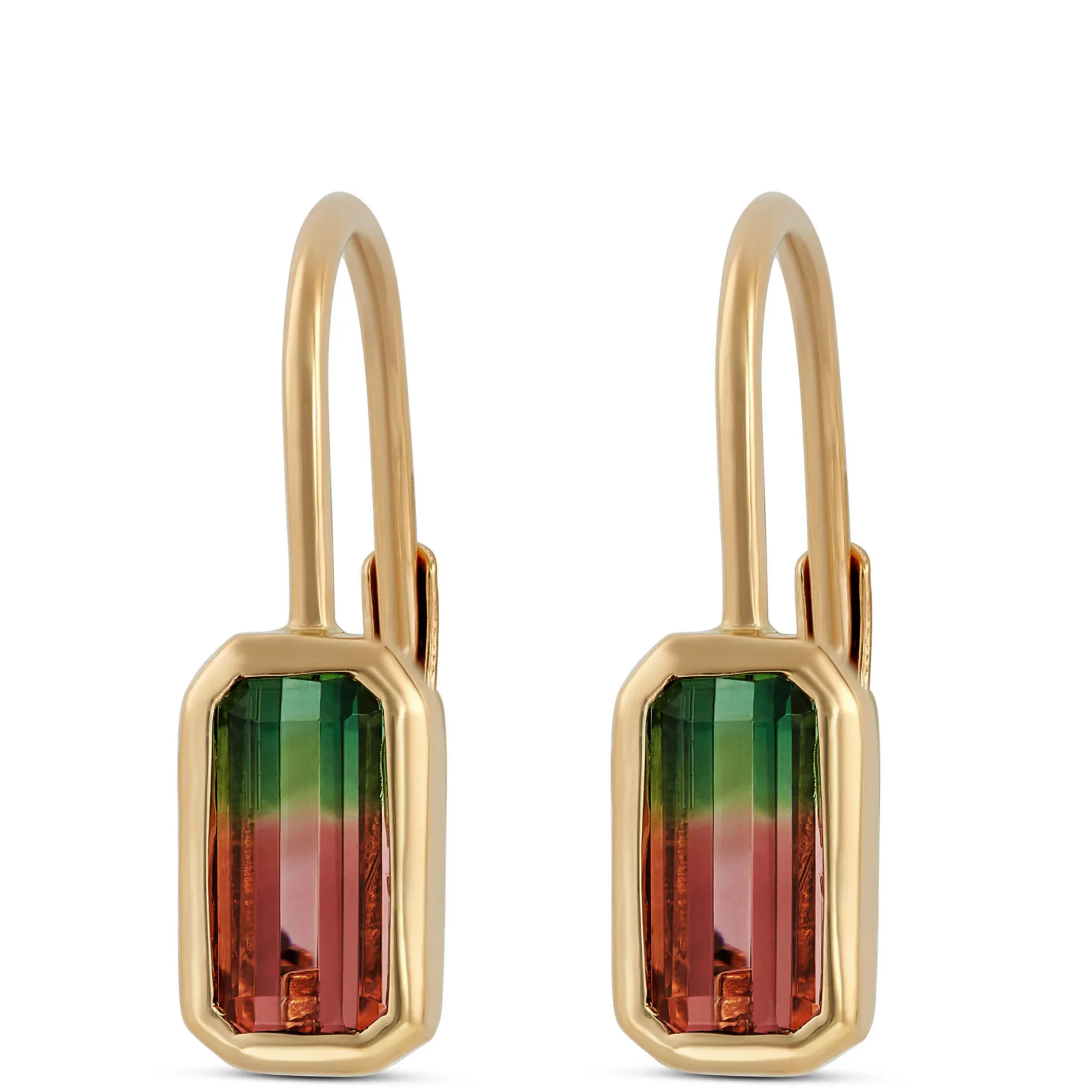 Bi-Color Tourmaline Leverback Earrings, 14K Yellow Gold