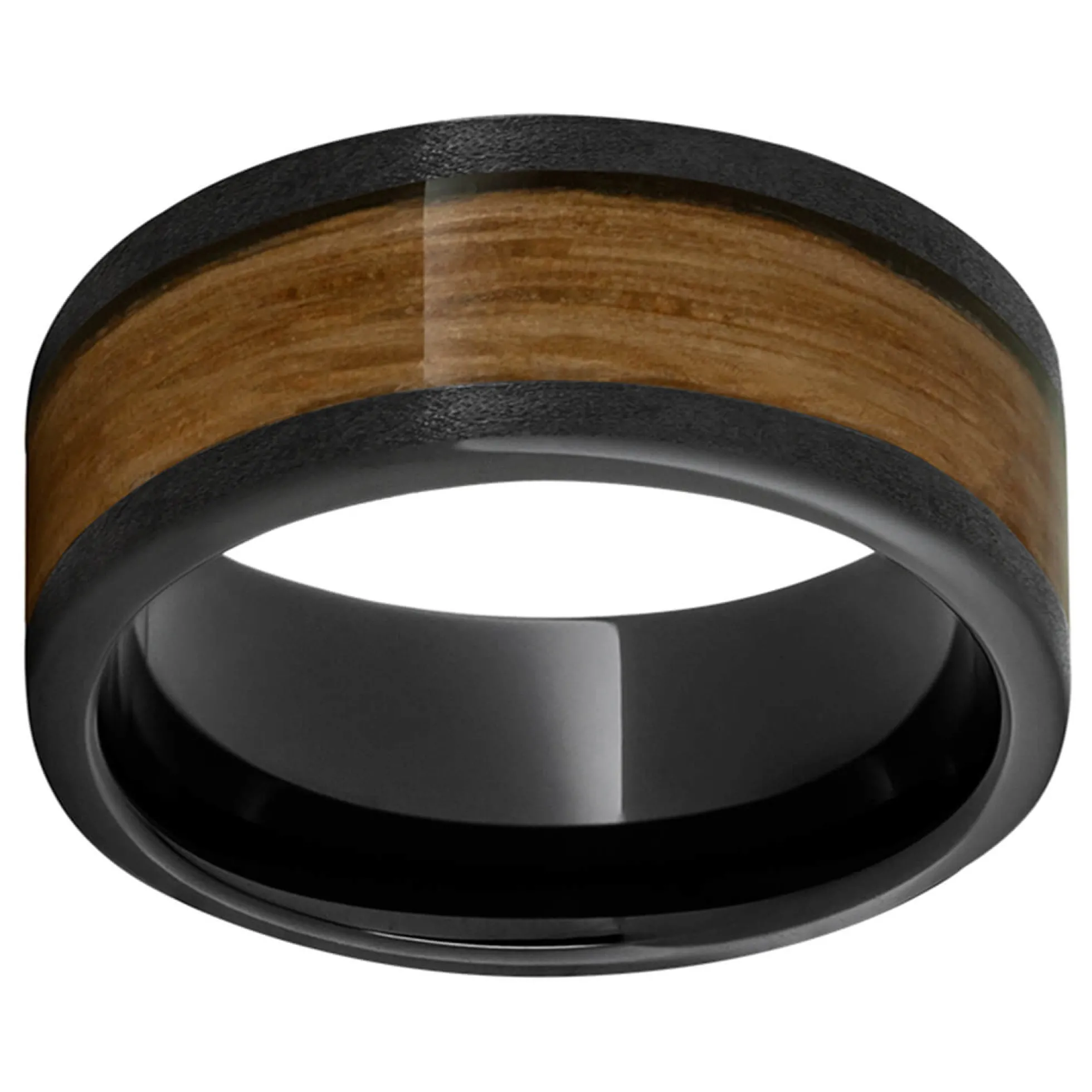 Black Ceramic™ Band with Barrel Aged™ Wood Inlay & Stone Finish