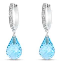 Blue Topaz Drop Earrings with Diamond Hoops, 14K White Gold
