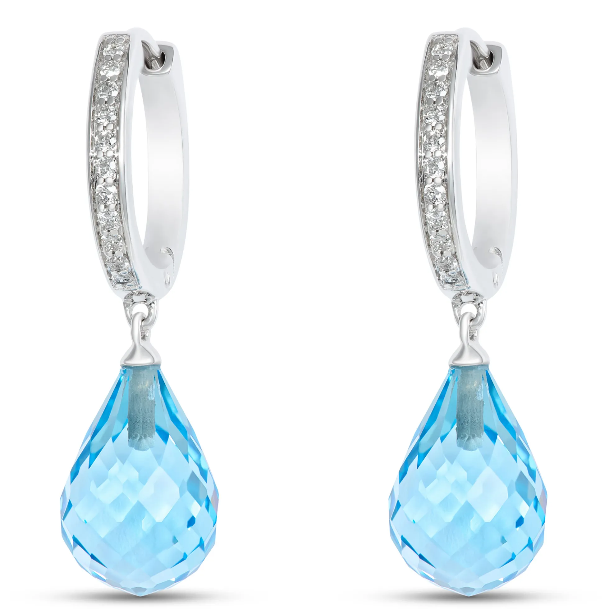 Blue Topaz Drop Earrings with Diamond Hoops, 14K White Gold