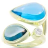 Cabochon Ring with Pear Shaped Blue Topaz Gemstones and Bezel Set Diamond, 14K Yellow Gold