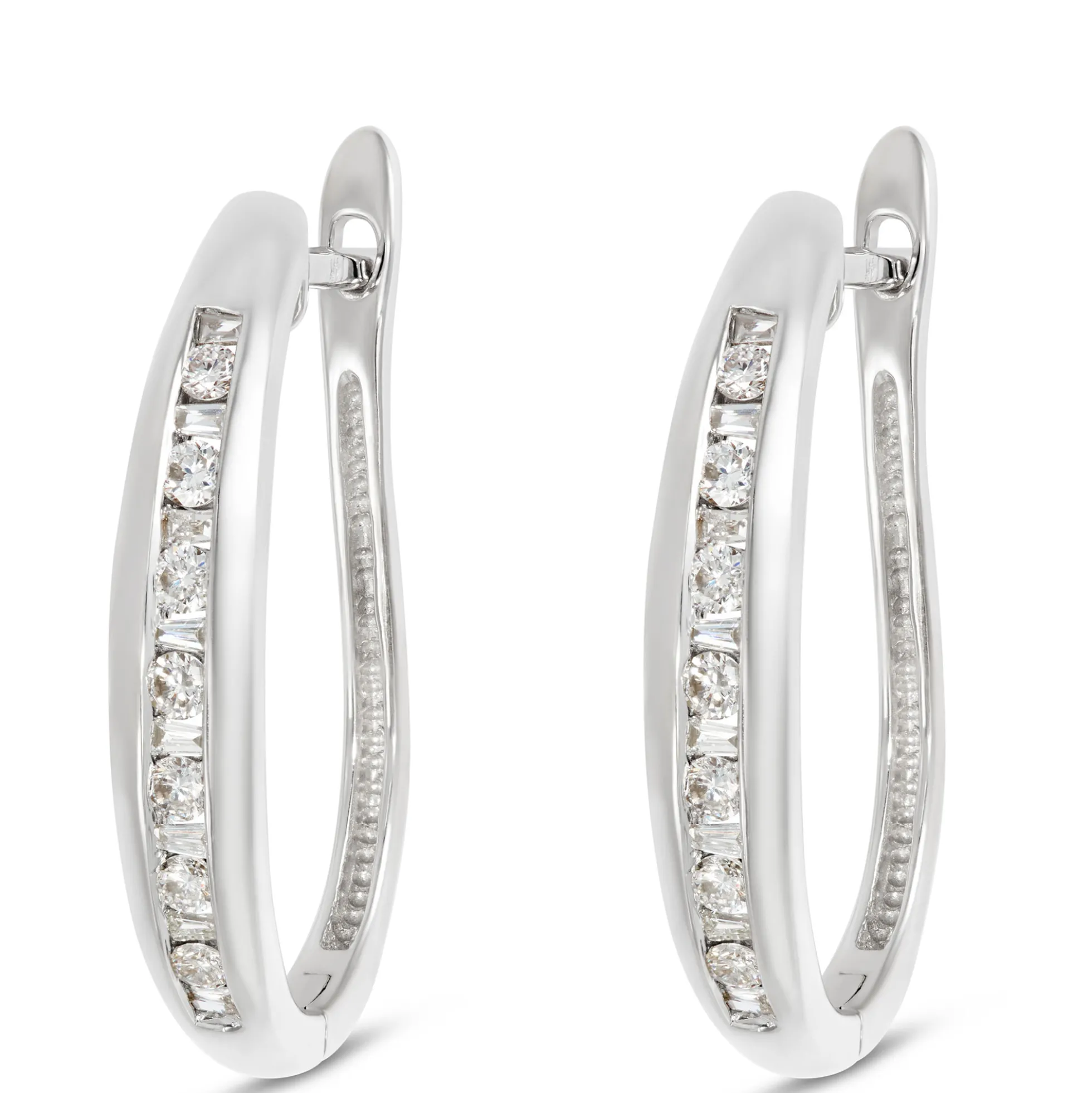 Channel Set Baguette and Round Diamond Hoops, 14K White Gold