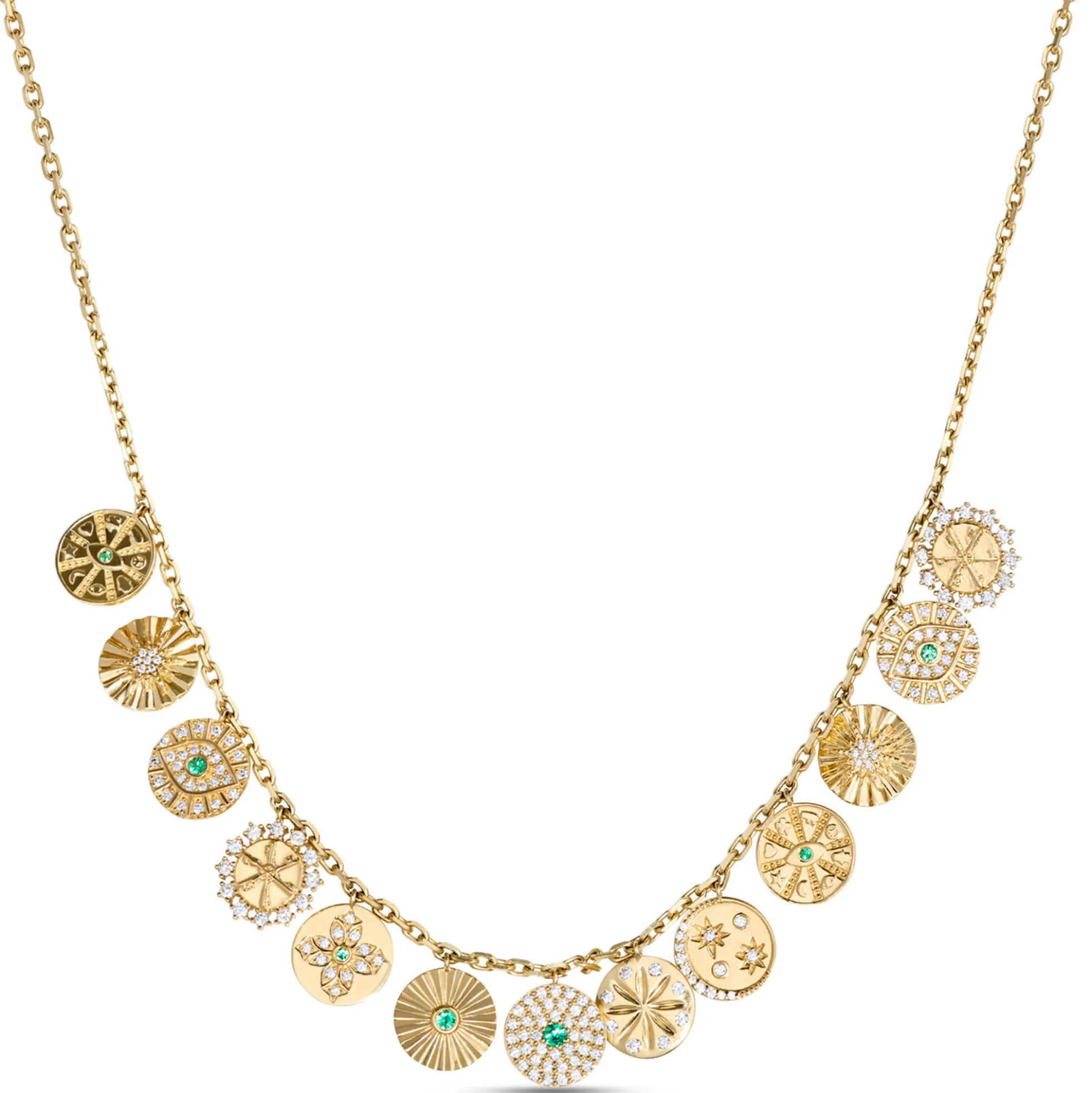 Charm Necklace with 13 Discs, 14K Yellow Gold