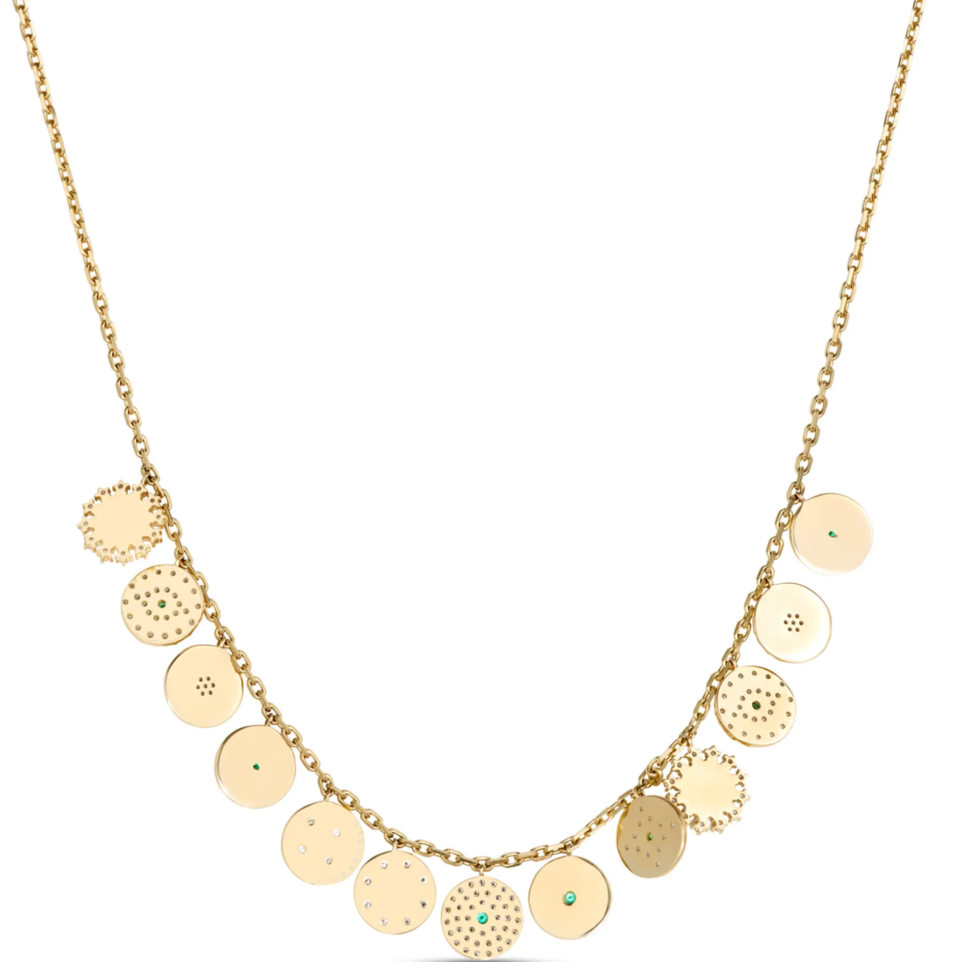 Charm Necklace with 13 Discs, 14K Yellow Gold