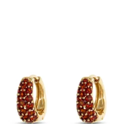 Classic Hoop Earrings With Pave Round Garnet Gemstones, 14K Yellow Gold