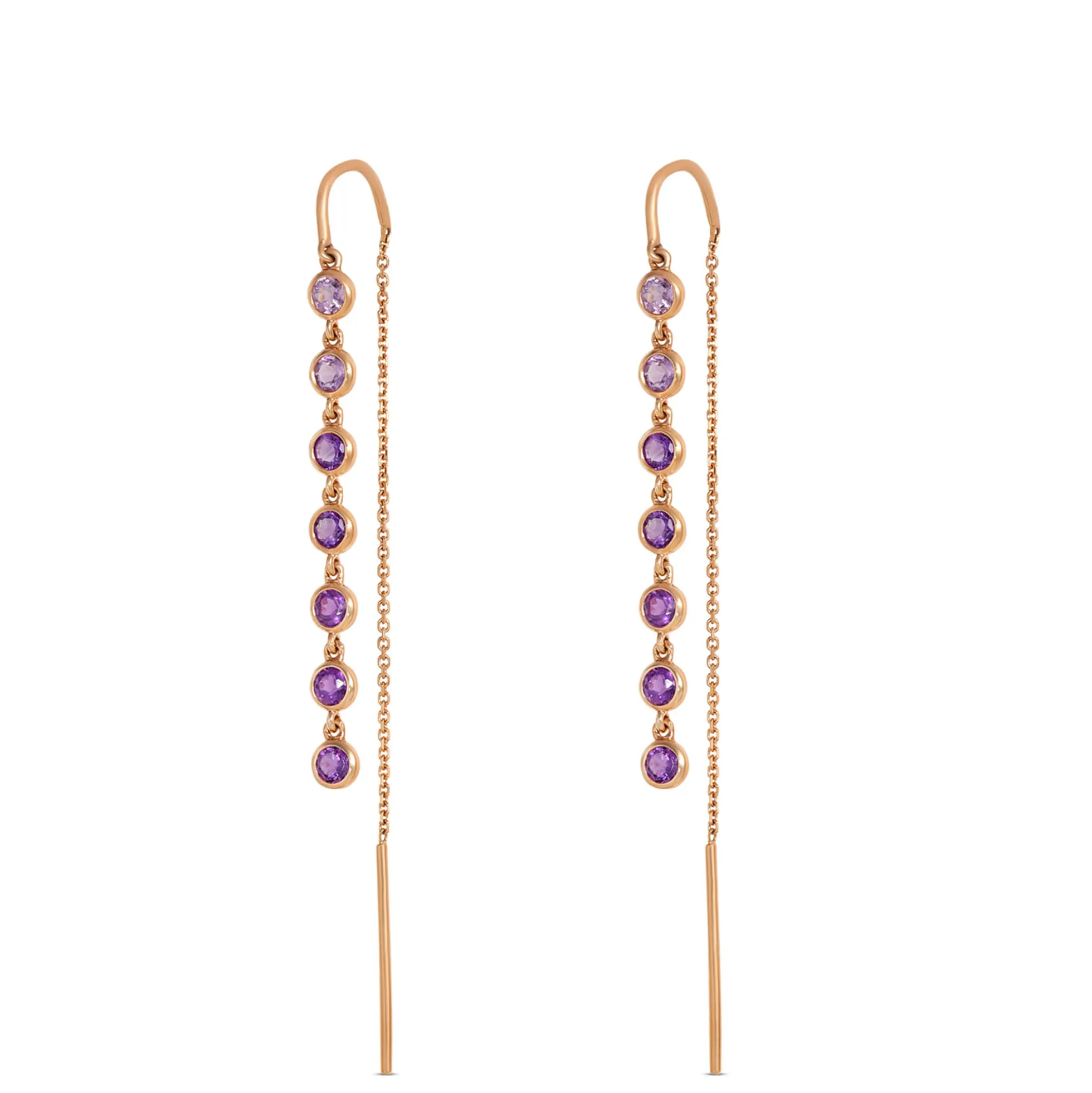 Classic Round Amethyst Threader Earrings, 14K Yellow Gold