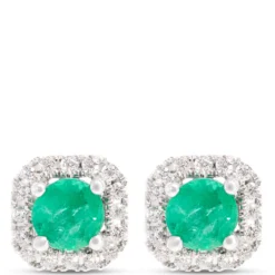 Classic Round Emerald Stud swith Diamond Halo, ⅕ Carat Total Weight, 14K White Gold