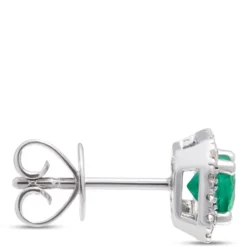 Classic Round Emerald Stud swith Diamond Halo, ⅕ Carat Total Weight, 14K White Gold