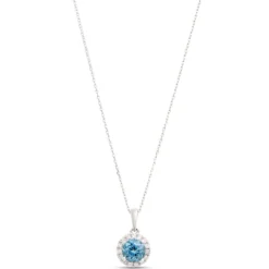Classic Round Sapphire Diamond Halo Necklace, 1/10 Total Carat Weight, 14K White Gold