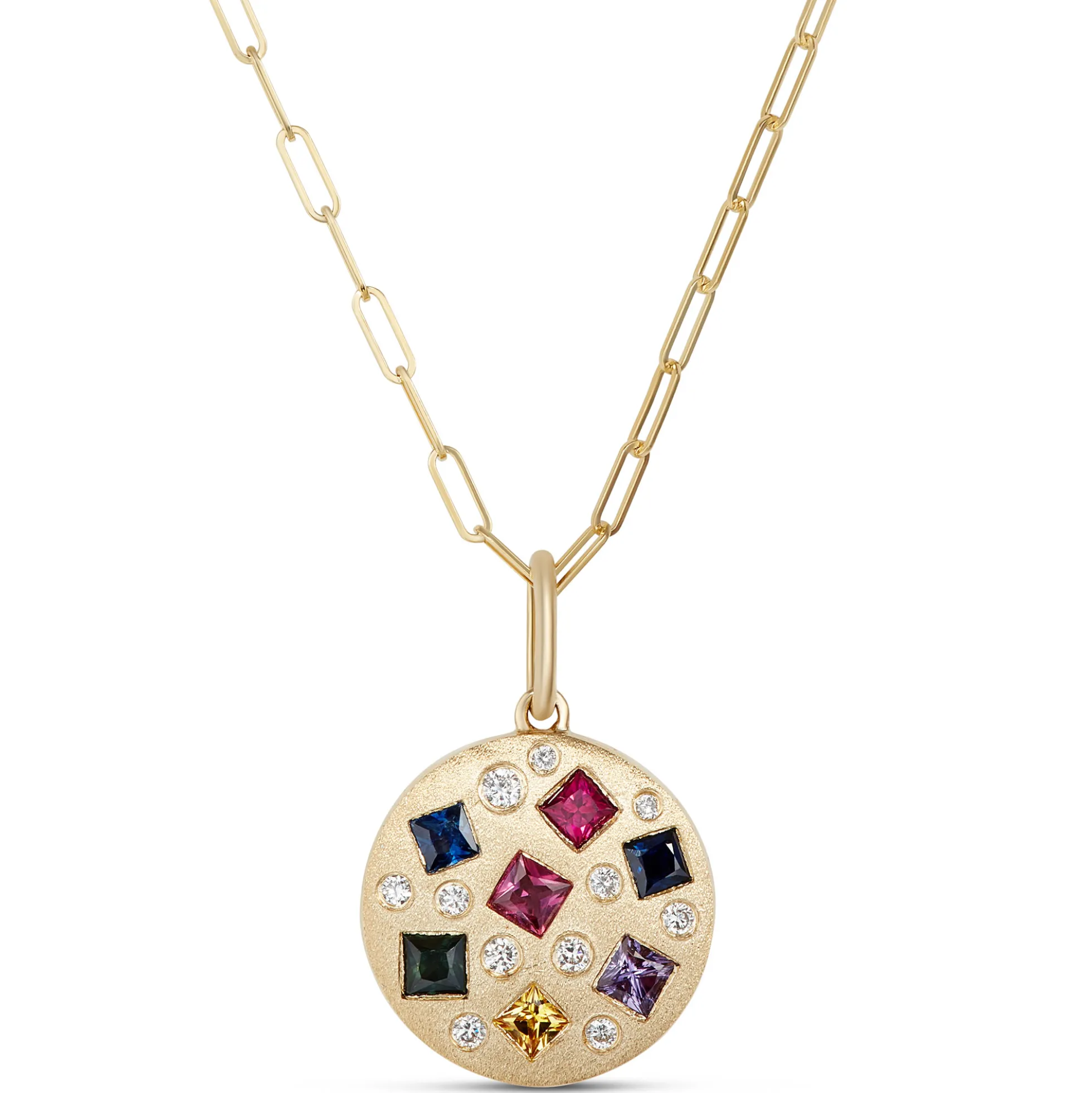 Confetti Rainbow Sapphire and Diamond Pendant, 14K Yellow Gold