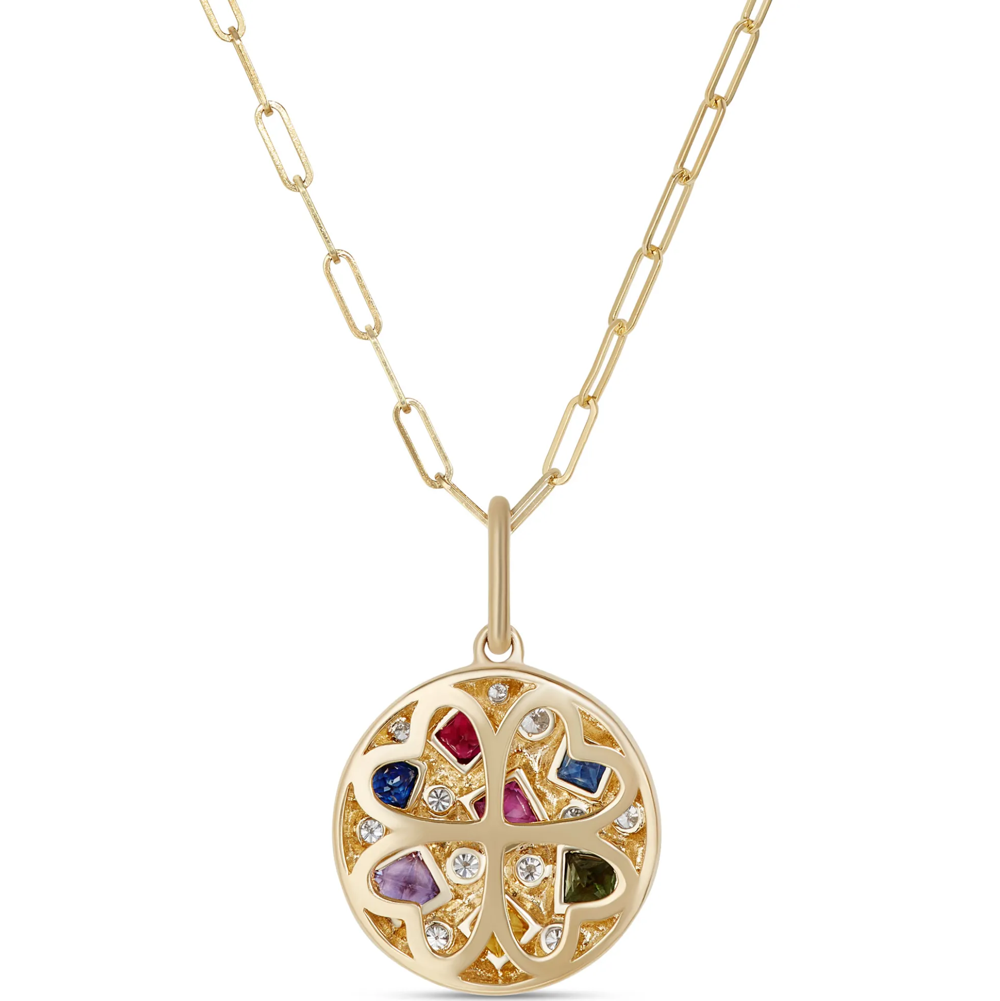 Confetti Rainbow Sapphire and Diamond Pendant, 14K Yellow Gold
