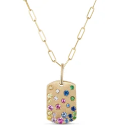 Confetti Sapphire and Tsavorite Dogtag Pendant, 14K Yellow Gold