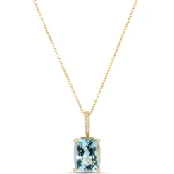 Cushion Aquamarine and Diamond Necklace, 1/10 Total Carat Weight, 14K Yellow Gold