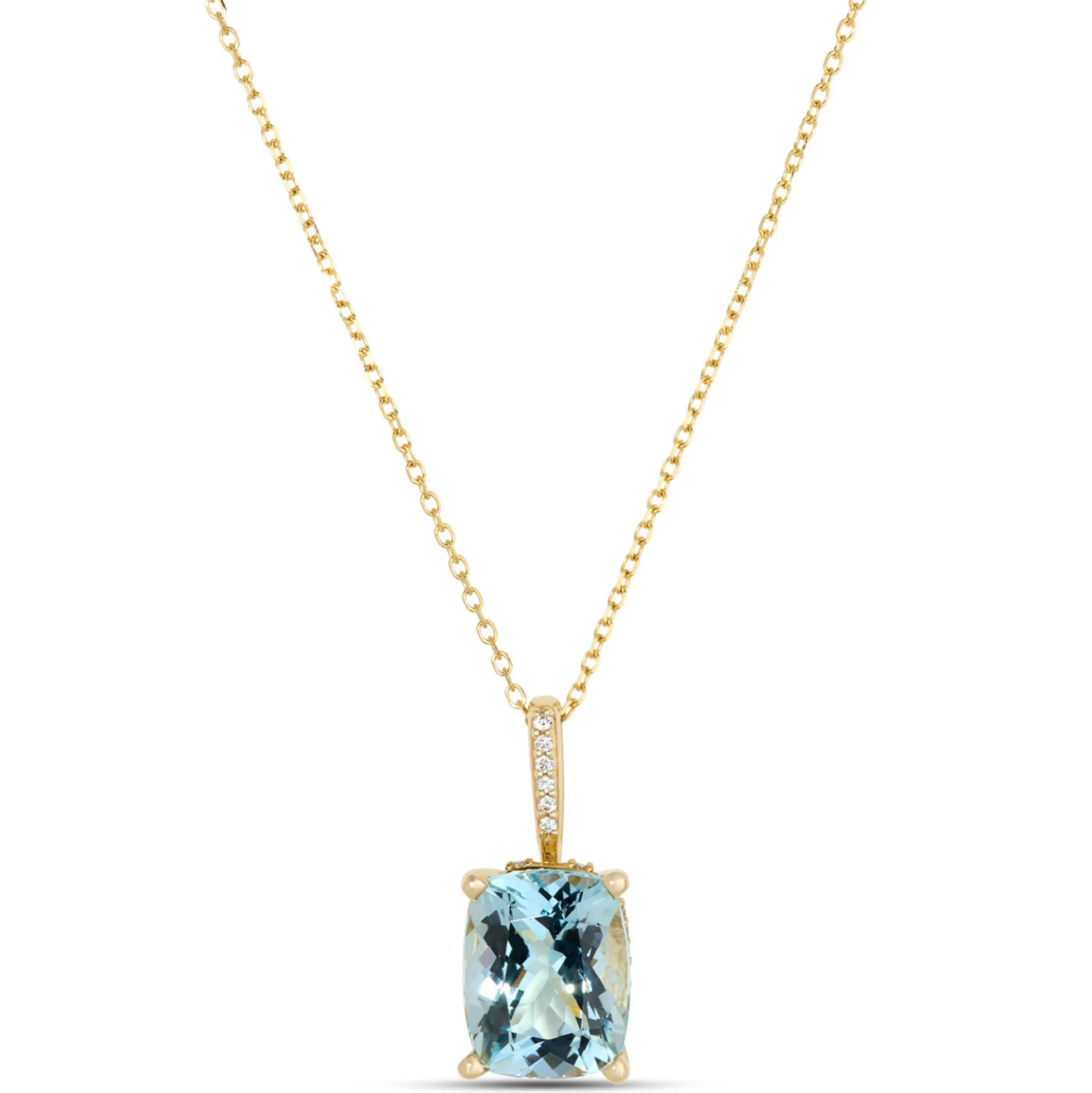 Cushion Aquamarine and Diamond Necklace, 1/10 Total Carat Weight, 14K Yellow Gold