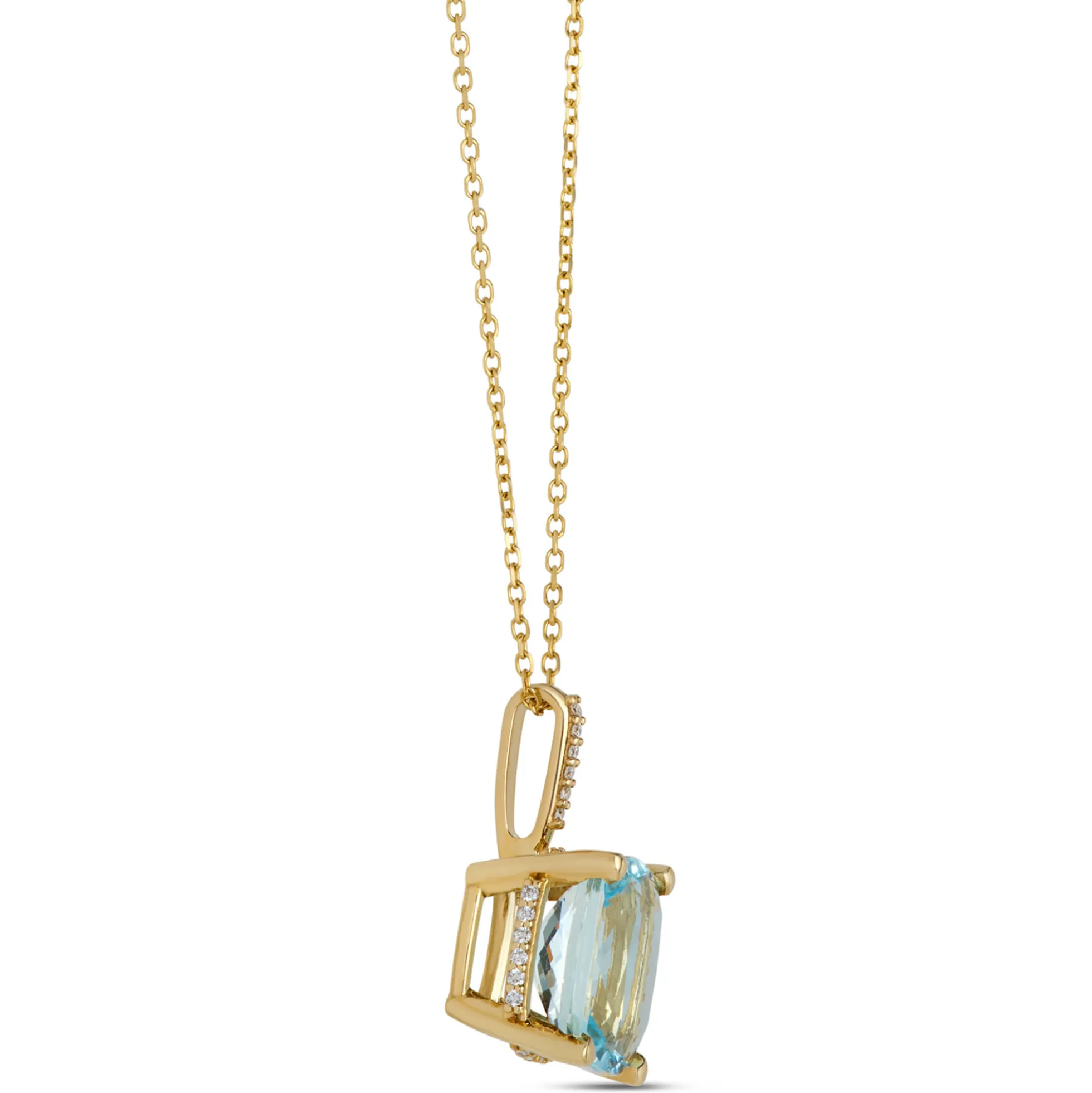 Cushion Aquamarine and Diamond Necklace, 1/10 Total Carat Weight, 14K Yellow Gold