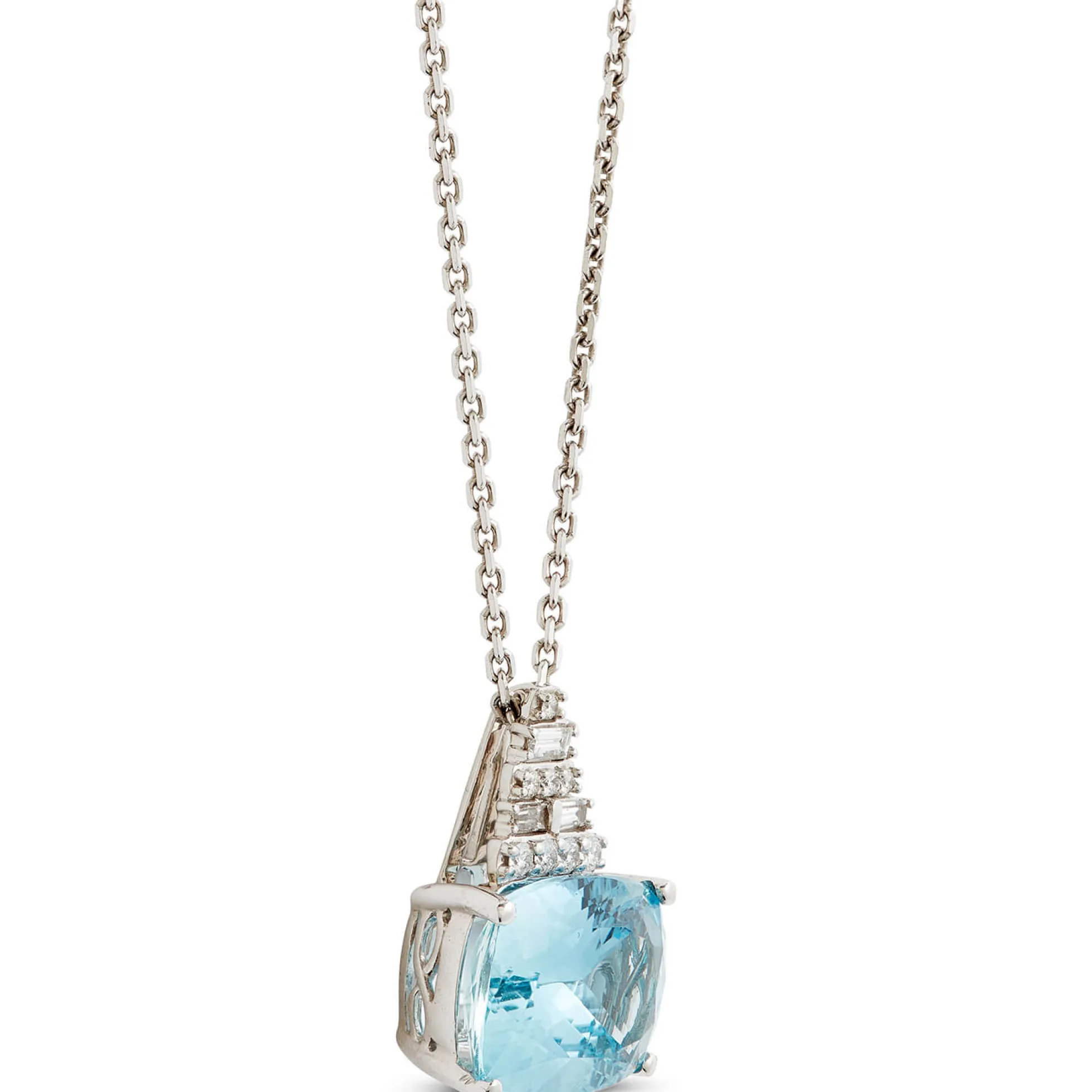 Cushion Aquamarine & Diamond Pyramid Necklace 14K
