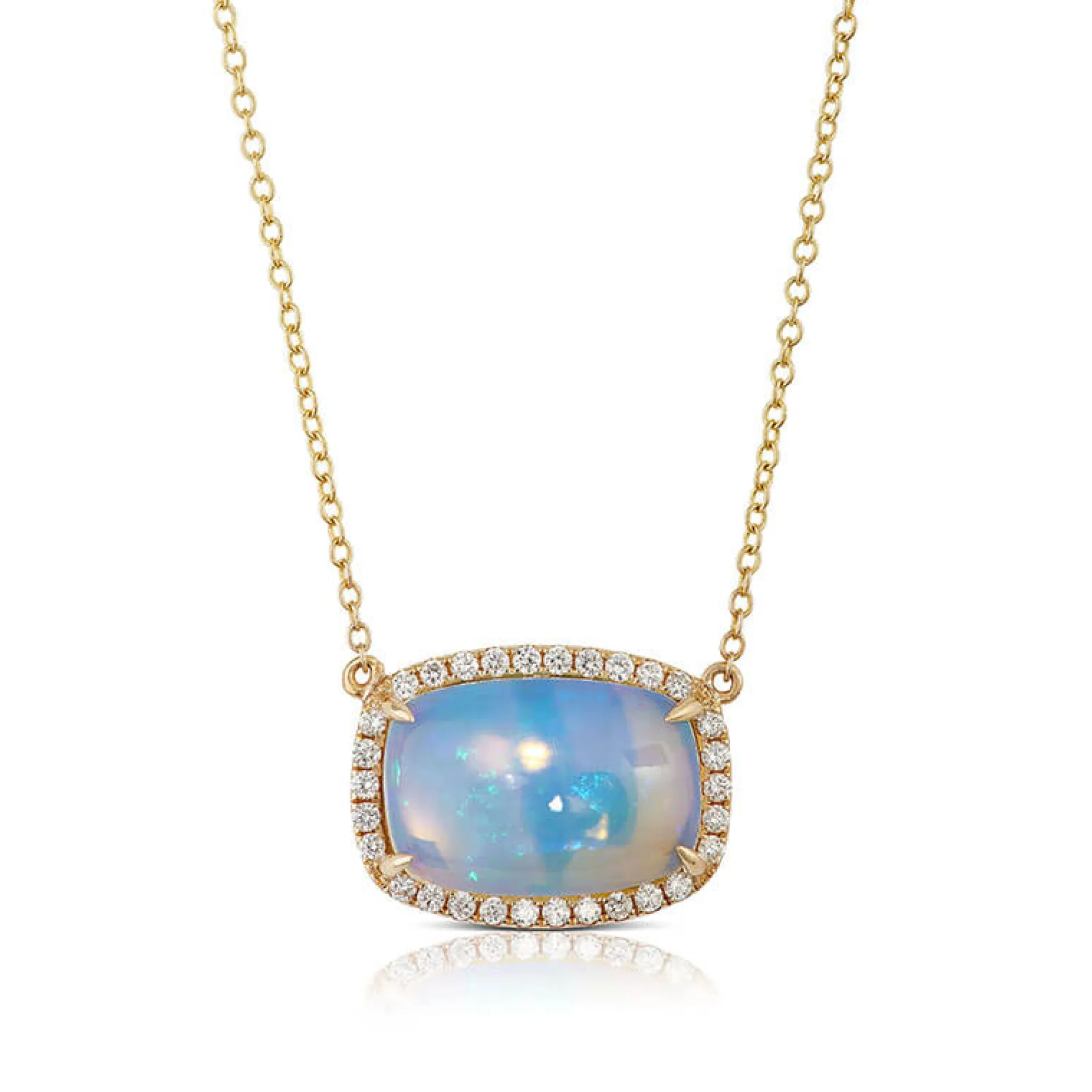 Cushion Cut Opal and Diamond Pendant, ⅓ Carat Total Weight, 14K Yellow Gold