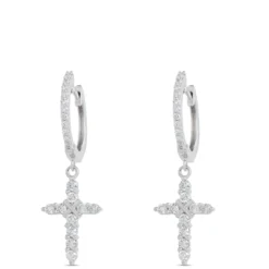 Diamond Cross Dangle Earrings, 14K White Gold