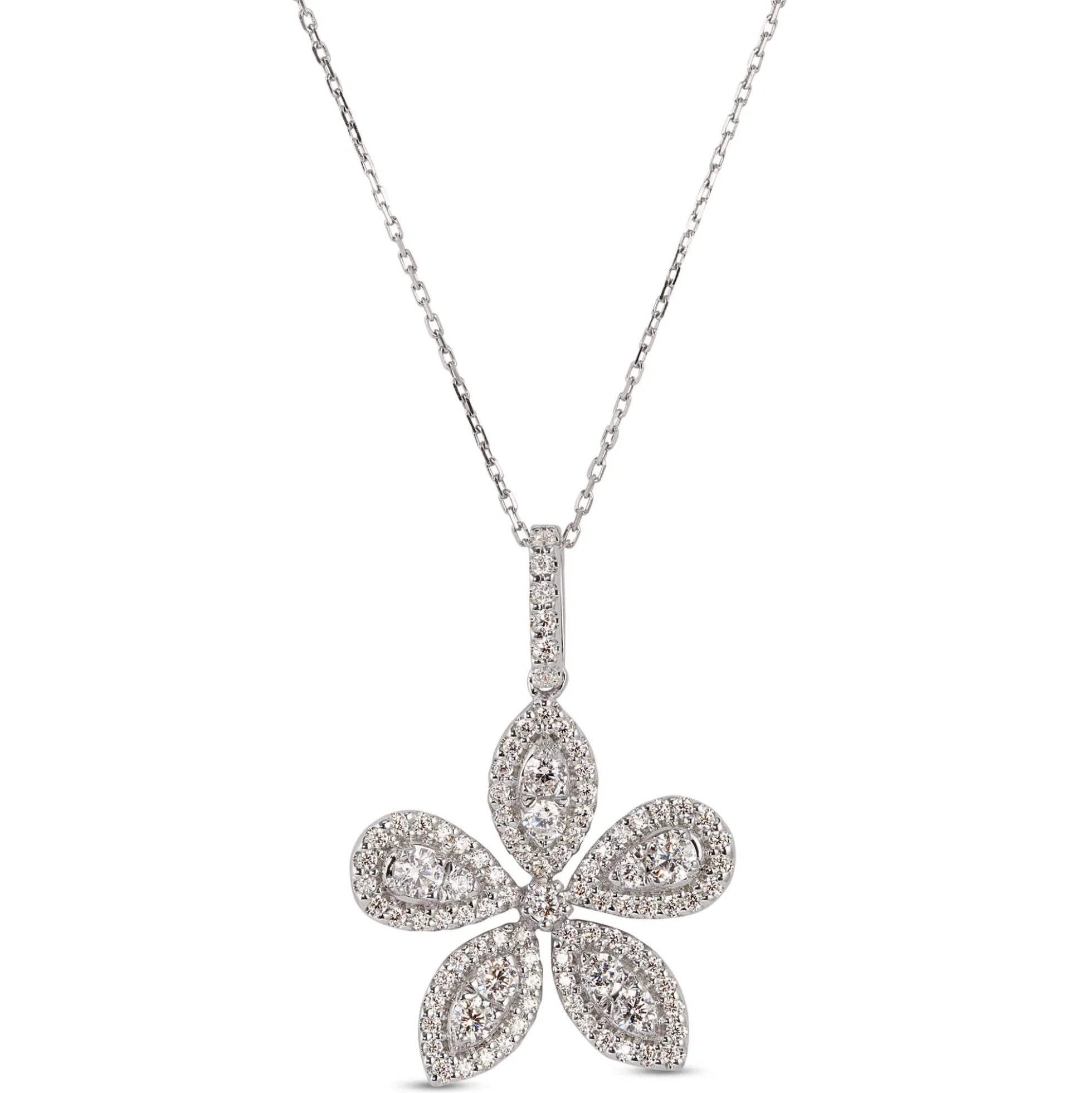 Diamond Flower Shaped Pendant Necklace, 14K White Gold
