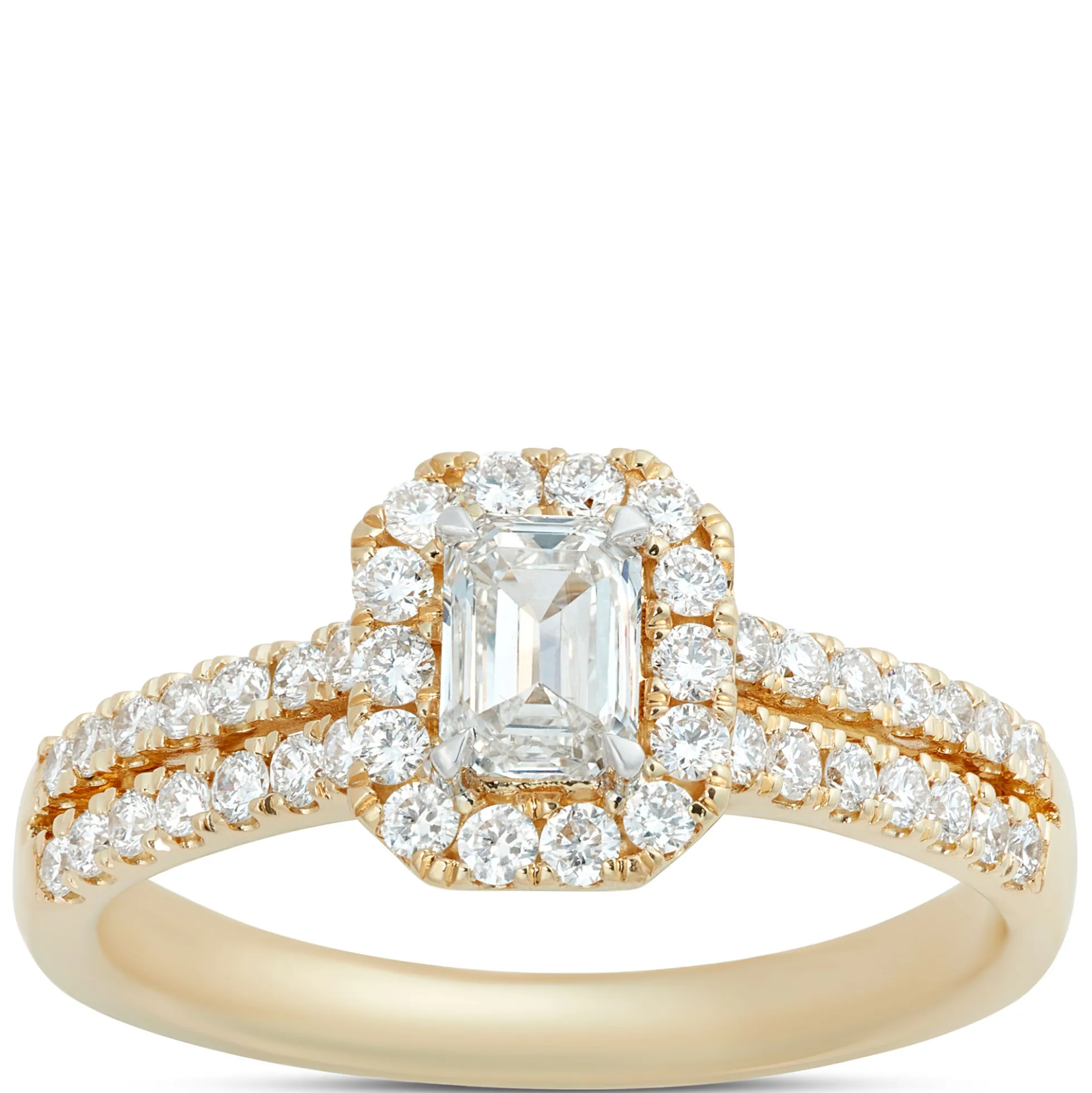 Double Shank Emerald Cut Diamond Halo Ring in 14K Yellow Gold