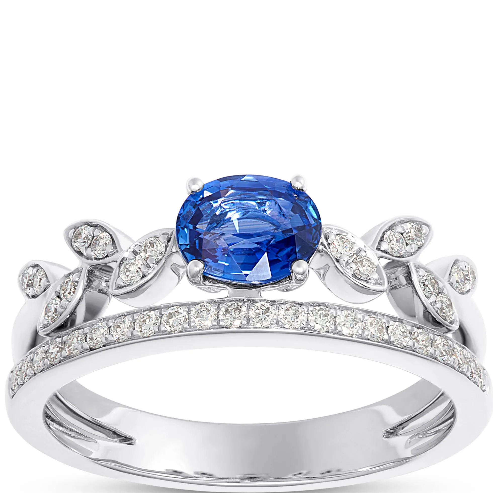 Elegant Oval Sapphire Leaf Pattern Ring with Diamonds, 14K White Gold