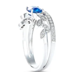 Elegant Oval Sapphire Leaf Pattern Ring with Diamonds, 14K White Gold