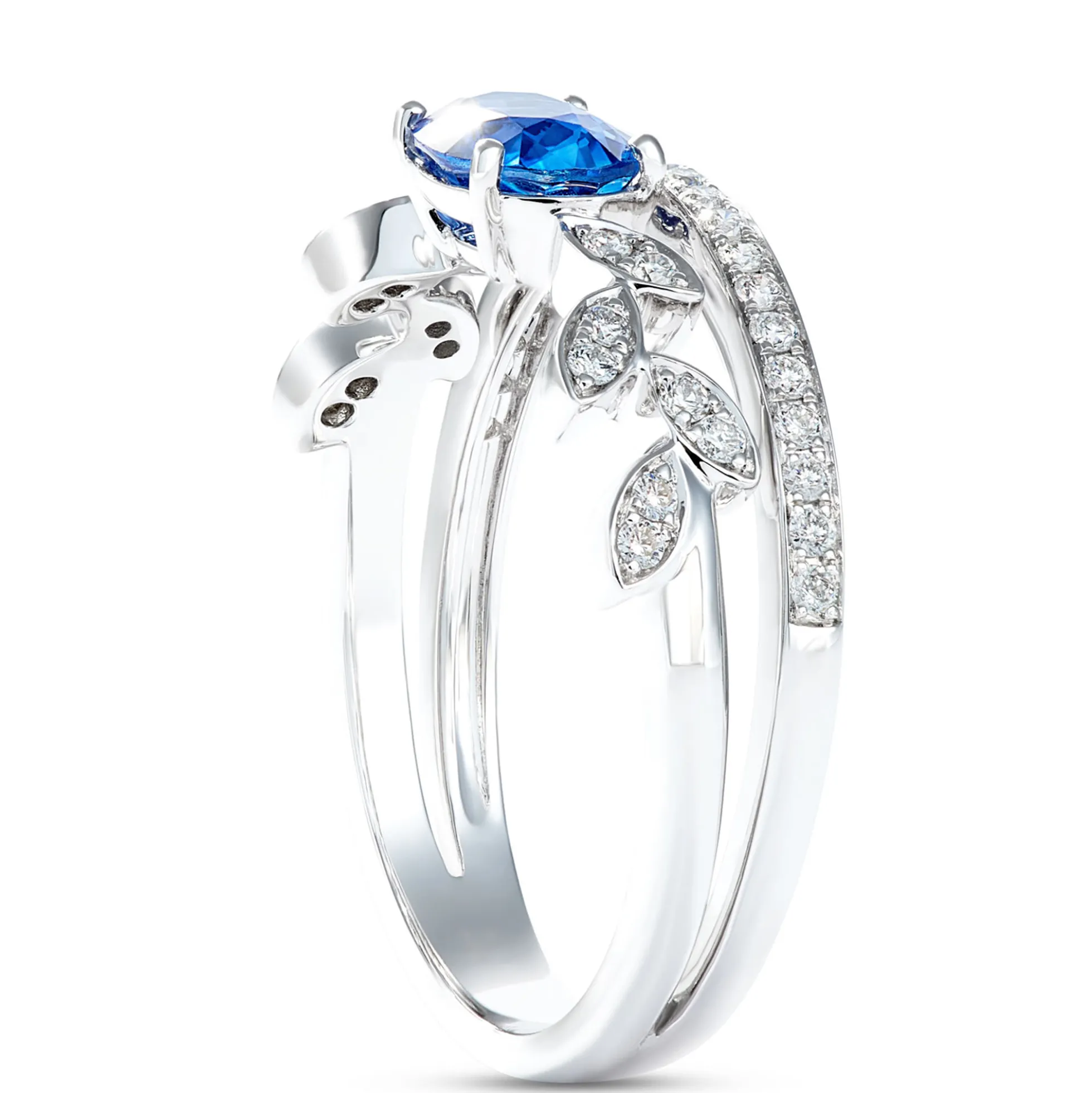 Elegant Oval Sapphire Leaf Pattern Ring with Diamonds, 14K White Gold