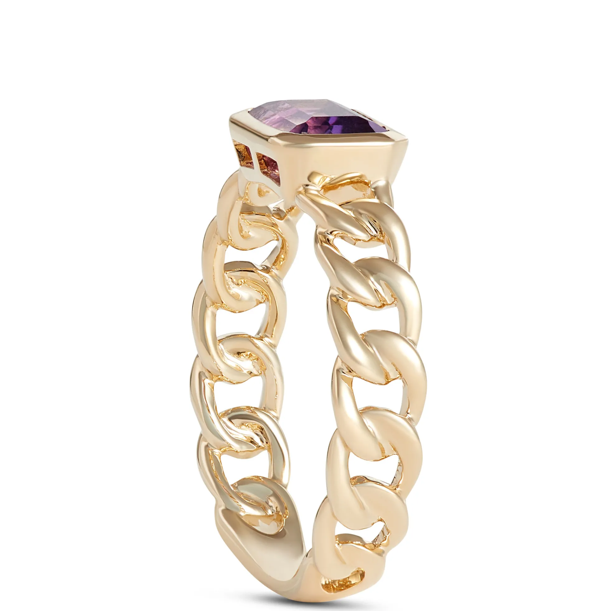 Emerald Cut Amethyst Linked Shank Ring, 14K Yellow Gold