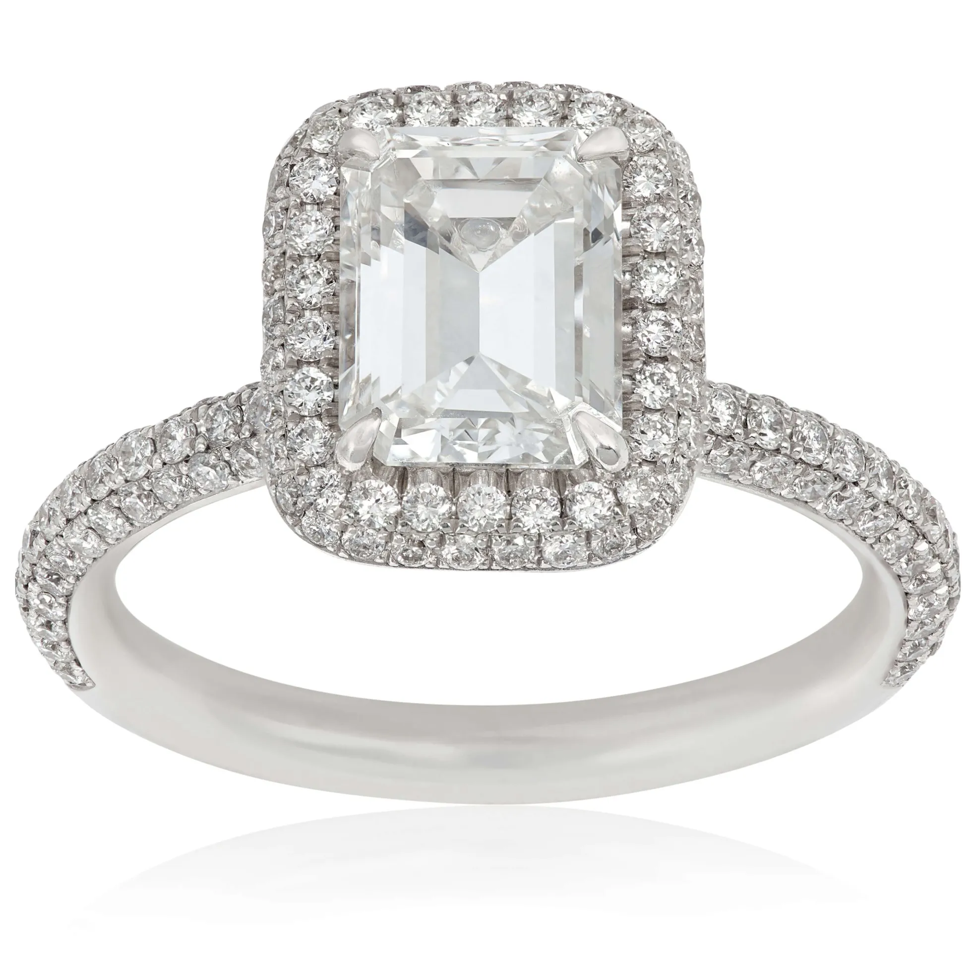 Emerald Cut Diamond Double Halo Engagement Ring 18K