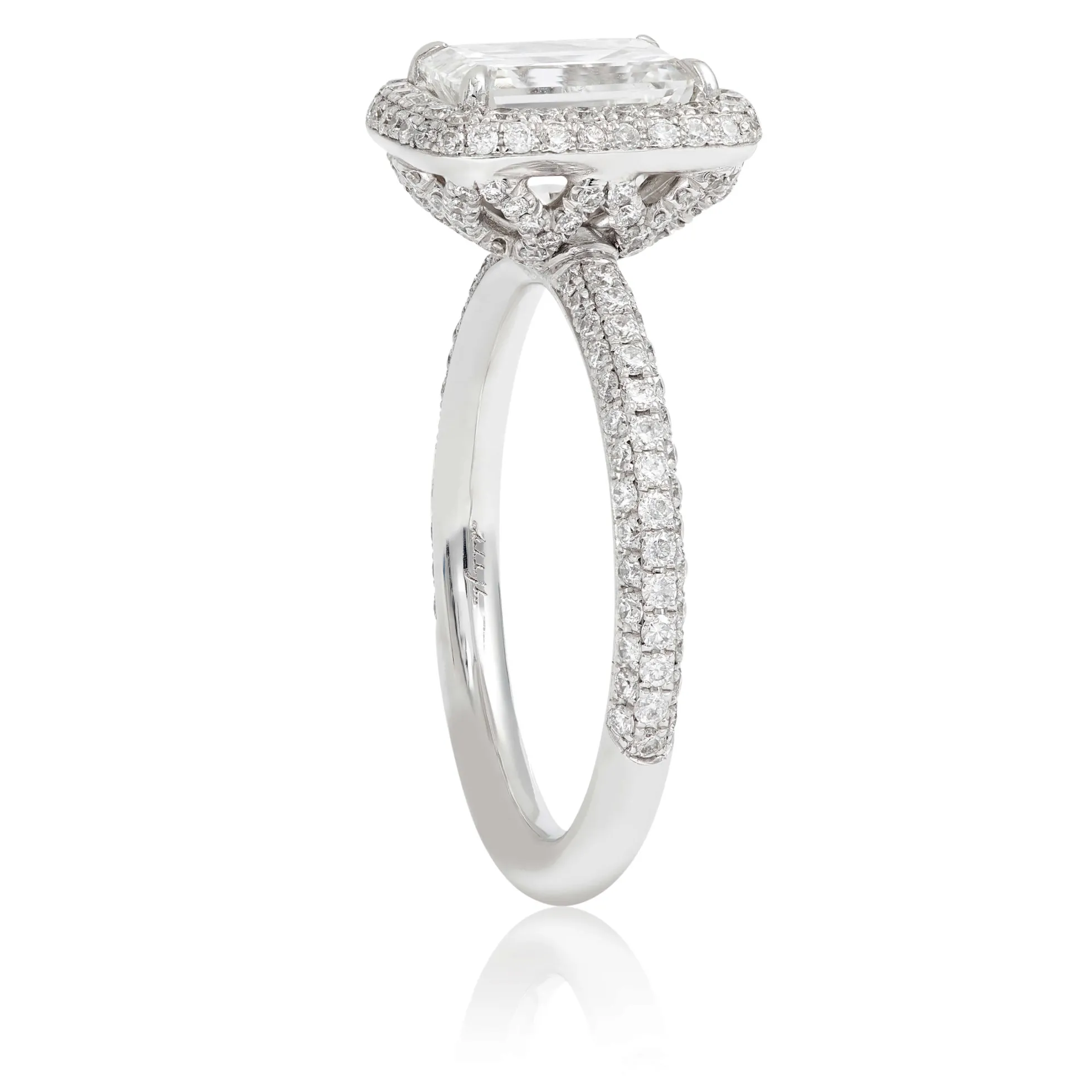 Emerald Cut Diamond Double Halo Engagement Ring 18K