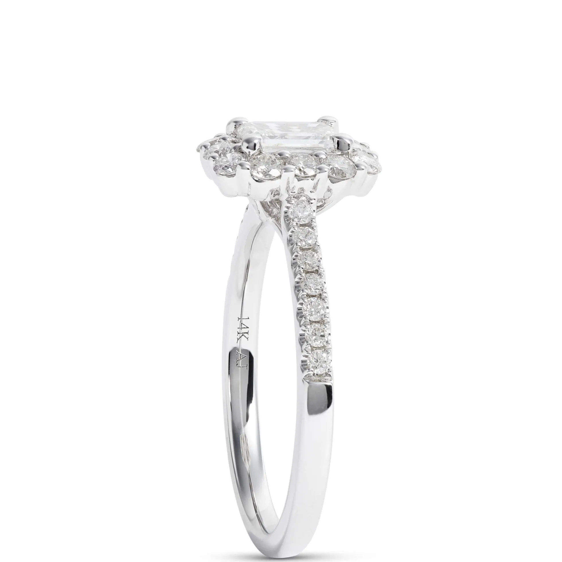 Emerald Cut Diamond Halo Bridal Ring, 14K White Gold