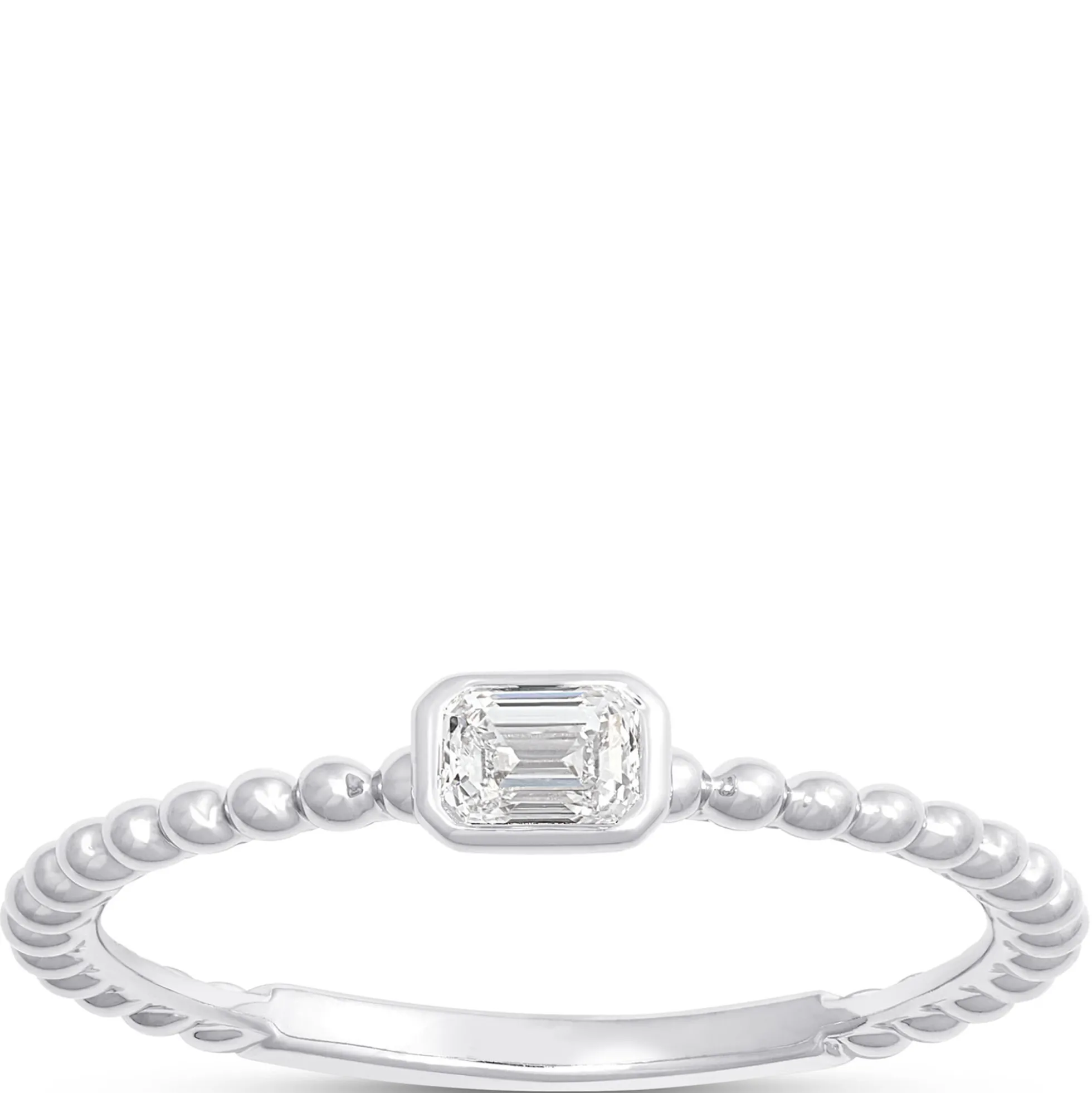 Emerald Cut Diamond Ring with Beaded Shank, 14K White Gold