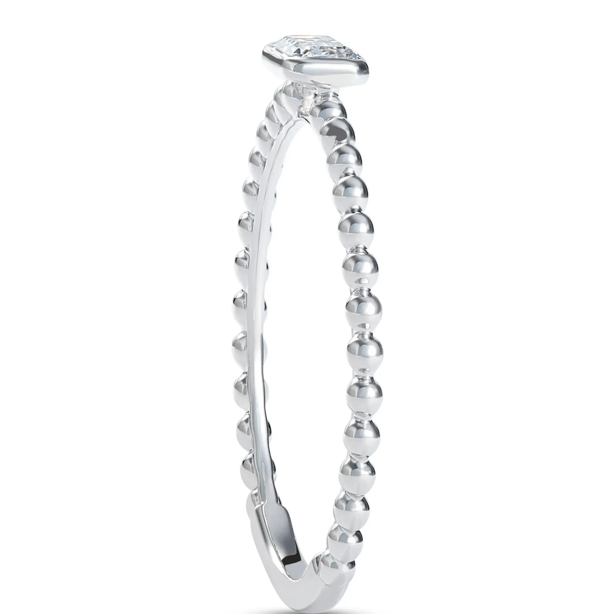 Emerald Cut Diamond Ring with Beaded Shank, 14K White Gold