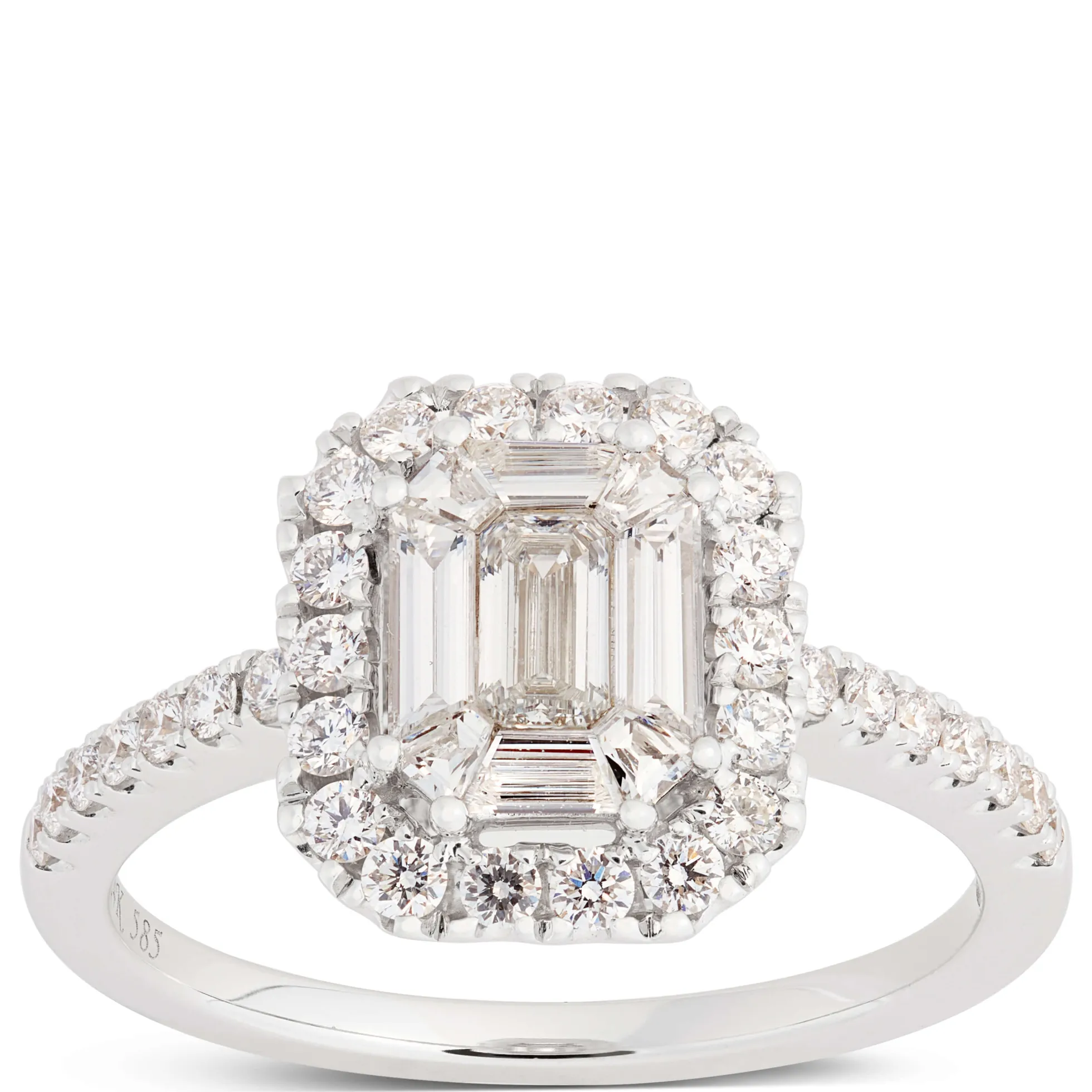 Emerald Cut Halo Engagement Ring, 14K White Gold